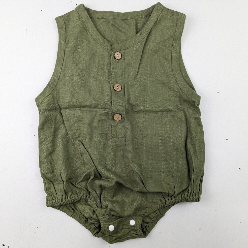 Olive Green Linen Romper - 6-12 Months
